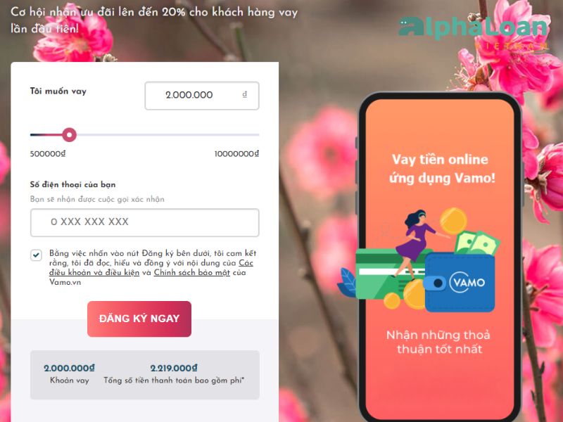 đăng ký vay tiền Vamo qua website