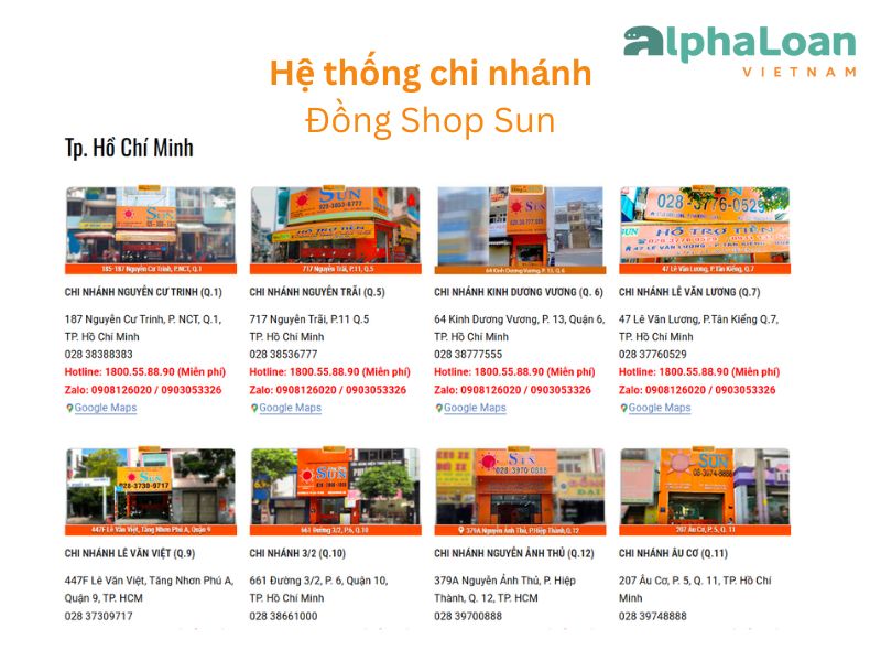 hệ thống chi nhánh Đồng Shop Sun