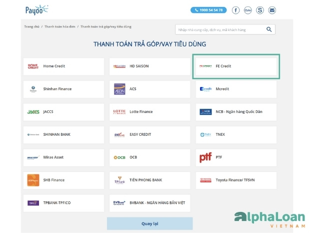 tra cứu thời hạn trả góp FE Credit qua Payoo