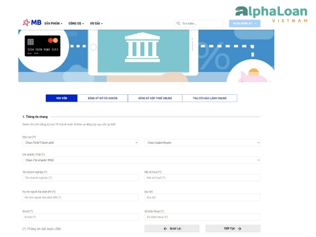 giao diện đăng ký vay tiền online website MB Bank