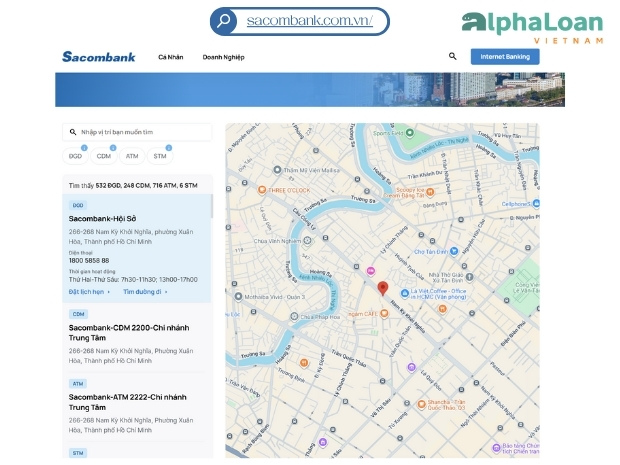 tra cứu giờ làm việc các chi nhánh qua website Sacombank
